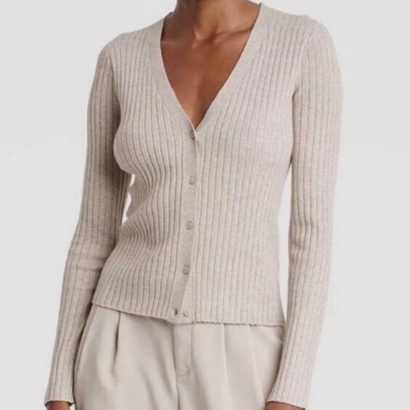 🤎 a new day Light Beige Gold Metallic Ribbed Cardigan Size Large - Picture 1 of 6